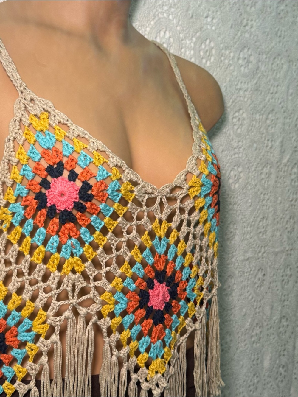 Crochet Fringed Top Vivid Boho Tank Top Women XL Granny Square Festival Hippie